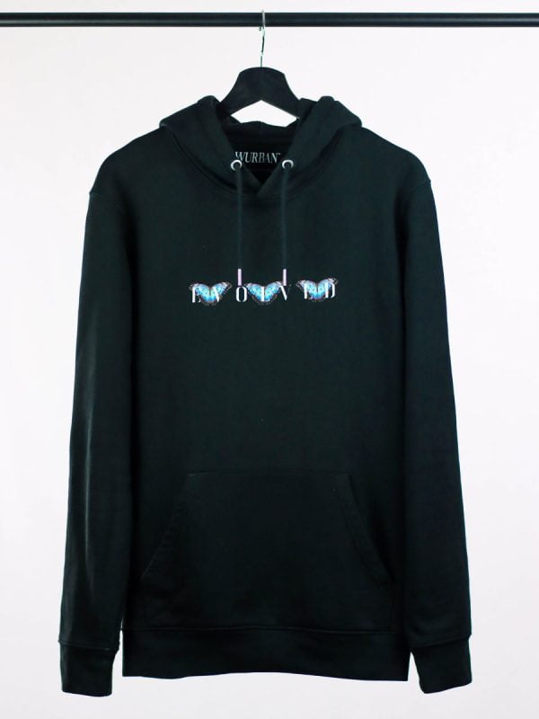 Een casual streetwear hoodie met opvallende vlinders en inspirerende evolved butterfly quotes van Wurban Wear