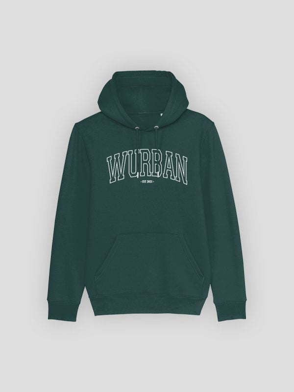 Een groene hoodie van wurban wear, dit is een varsity hoodie geïnspireerd uit de old school university style