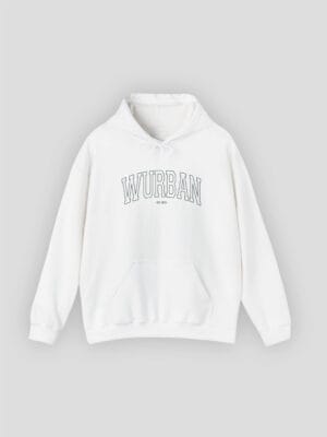 Een witte hoodie van wurban wear, dit is een varsity hoodie geïnspireerd uit de old school university style